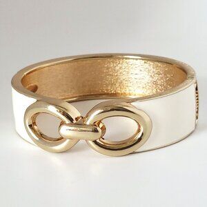 Off White Enamel & Gold Tone Hinge Clamp Bangle Bracelet 6.75"